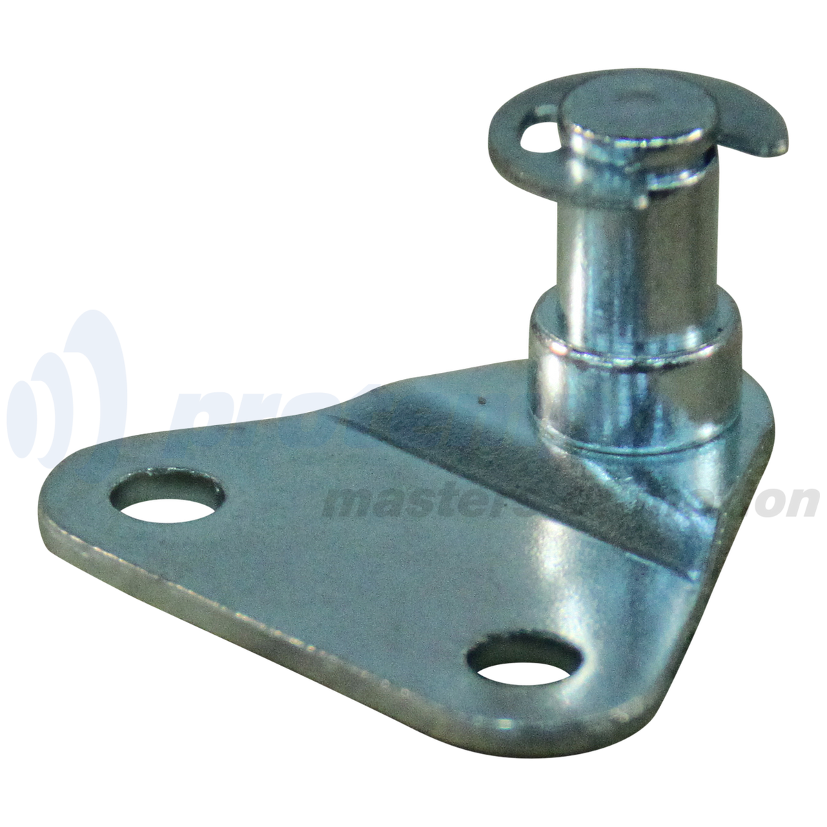 BEVESTIGINGSPLAAT MET PEN DRIEHOEK 28X28X28X1,5, 2 GATEN Ø4,3MM OP 18MM. TAP Ø6X6,5MM. MAX 500N, MET BORGRING